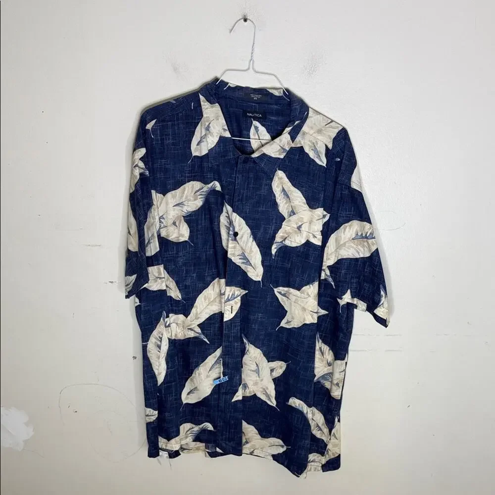 Nautica Dark Blue Leaf Print Button Down Short Sleeve Shirt Size 3X